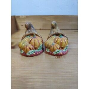 Vtg Harvest Pumpkin Cornucopia 2.5" Salt & Pepper Shakers Kmart Thanksgiving